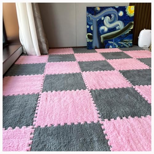 32 Stück Zottelige Ineinander Greifende Teppichfliesen, 30 X 30 X 1 cm, Quadratischer Plüsch-Puzzle-Schaumstoff-Bodenmattenteppich, Flauschige Puzzlematten(Pink+Gray) von NMVAWIPT