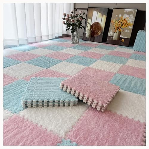 40 Stück 12x12 Zoll Plüsch Puzzle Quadratisch Schaumstoff Bodenmatte, Puzzle-Teppichmatten, Shaggy Ineinander Greifend Schaumstoff-Teppichfliesen Für Den Boden(White+Pink+Light Blue) von NMVAWIPT