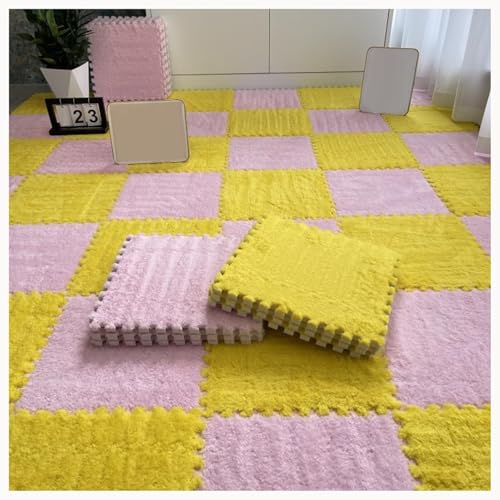 40 Stück Zottelige Ineinander Greifende Schaumstoff-Teppichfliesen, 12 X 12 Zoll, Quadratische Plüsch-Schaumstoff-Boden-Puzzlematten, Fliesen, Teppich(Pink+Yellow) von NMVAWIPT