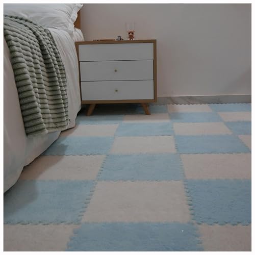 48 Stück/46 Quadratfuß Plüschschaum-Bodenfliesen, 12 X 12 X 0,4 Zoll Große, Verdickte Teppich-Puzzlematten, Flauschiger, Flauschiger Ineinandergreifender Teppich(Blue+White) von NMVAWIPT