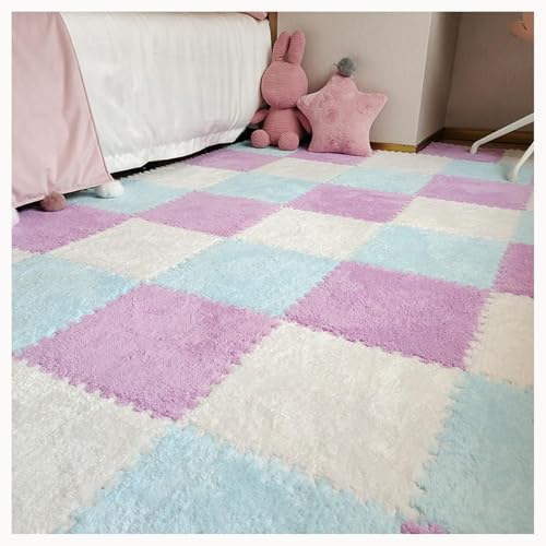 48 Stück 12x12 Zoll Ineinandergreifende Plüsch-Teppichfliesen Aus Schaumstoff, Puzzle-Bodenmatten for Die Dekoration Von Wohnzimmer Und Schlafzimmer(White+Purple+Blue) von NMVAWIPT