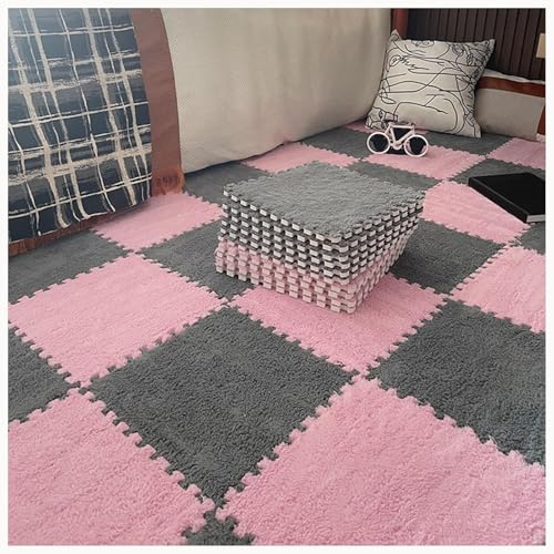 50 Stück Ineinander Greifende Plüsch-Teppichfliesen Aus Schaumstoff, 0,4 Zoll Dick, 12 X 12 Zoll, Zottelige Quadratische Teppich-Puzzlematten for Den Boden, Spielmatte(Gray+Pink) von NMVAWIPT