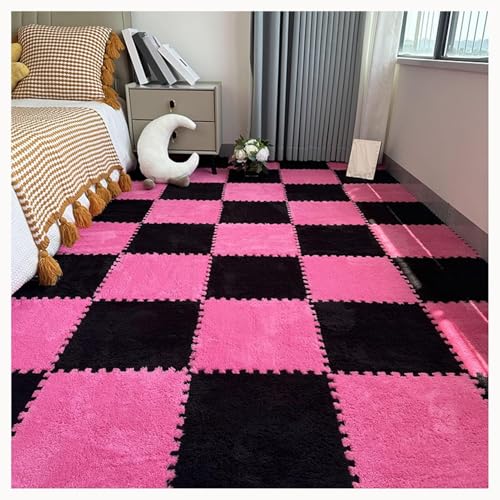 50 Stück Teppich-Puzzlematten for Den Boden, Ineinandergreifende Teppichfliesen Aus Plüschschaum Mit Rand, Flauschige Schaumstoff-Bodenmatte(Black+Rose Red) von NMVAWIPT