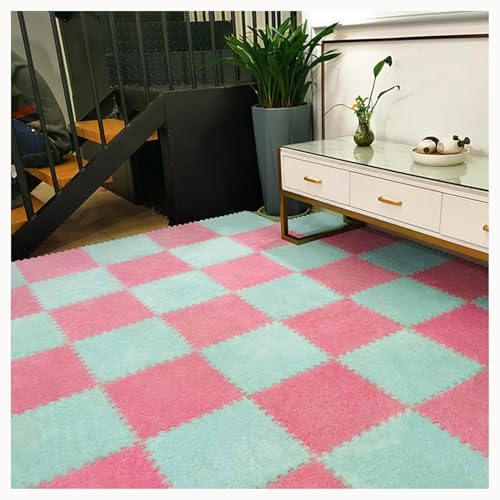 50 Stück Zottelige Ineinander Greifende Schaumstoff-Teppichfliesen 12 X 12 Zoll, Flauschige Puzzleteppichmatten for Den Boden, Weiche Schaumstoffmatten for Zu Hause(Sky Blue+Pink) von NMVAWIPT