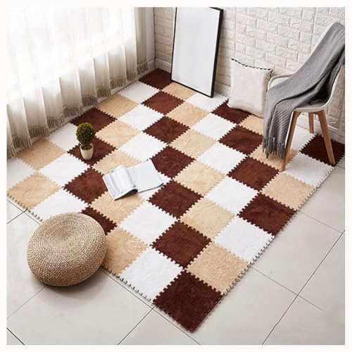 50 Stück Zottelige Ineinander Greifende Teppichfliesen, 12 X 12 Zoll Flauschiger Teppich, Plüschschaum-Bodenpuzzlematten for Den Boden, rutschfeste Unterseite(Light Brown+Dark Brown+White) von NMVAWIPT