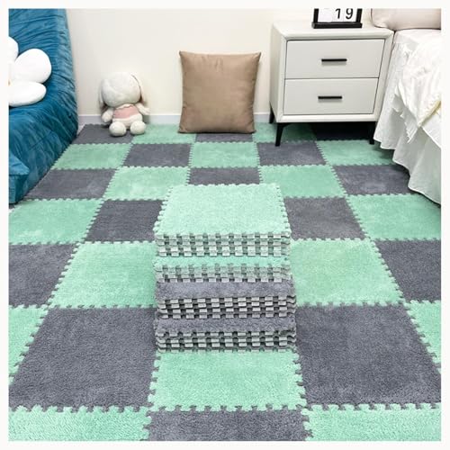 50 Stück rutschfeste, Waschbare, Zottelige, Ineinandergreifende Schaumstoff-Teppichfliesen, 12 X 12 Zoll Große Plüsch-Schaumstoff-Bodenmattenfliesen(Gray+Green) von NMVAWIPT