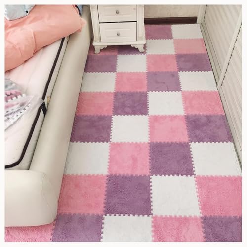 50 Stück rutschfeste, Waschbare, Zottelige, Ineinandergreifende Schaumstoff-Teppichfliesen, 12 X 12 Zoll Große Plüsch-Schaumstoff-Bodenmattenfliesen(White+Pink+Purple) von NMVAWIPT