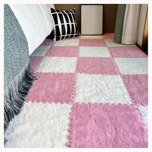 60 Stück Plüsch-Bodenmatten Aus Rutschfestem Schaumstoff for Spielzimmer Und Wohnzimmer, 30 X 30 X 1 cm, Zotteliger Ineinandergreifender Schaumstoffteppich(White+Pink) von NMVAWIPT