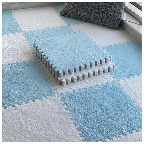 8 Ineinander Greifende Teppichfliesen, 30 cm Quadratische Bodenfliesenmatte Aus Plüschschaum, Dicke, Flauschige Teppiche, Puzzle-Spielmatte(Blue+White,0.6cm) von NMVAWIPT