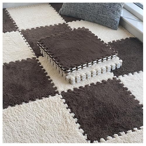 8 Ineinander Greifende Teppichfliesen, 30 cm Quadratische Bodenfliesenmatte Aus Plüschschaum, Dicke, Flauschige Teppiche, Puzzle-Spielmatte(Dark Brown+Light Brown,0.6cm) von NMVAWIPT