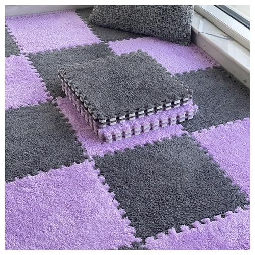 8 Ineinander Greifende Teppichfliesen, 30 cm Quadratische Bodenfliesenmatte Aus Plüschschaum, Dicke, Flauschige Teppiche, Puzzle-Spielmatte(Gray+Purple,0.6cm) von NMVAWIPT