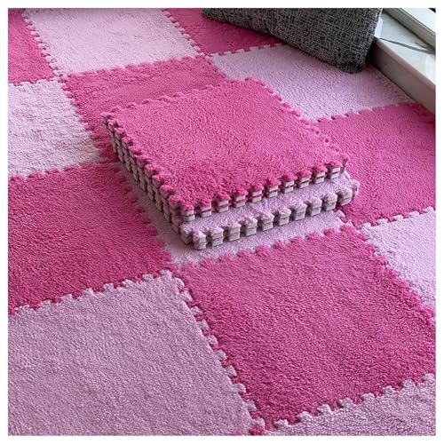 8 Ineinander Greifende Teppichfliesen, 30 cm Quadratische Bodenfliesenmatte Aus Plüschschaum, Dicke, Flauschige Teppiche, Puzzle-Spielmatte(Rose Red+Pink,0.6cm) von NMVAWIPT