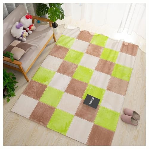 9 Ineinander Greifende Schaumstoff-Teppichfliesen for Schlafzimmer, 12 X 12 Zoll Plüsch-Puzzle-Teppich-Spielmatte for Den Kletterbereich, Bodenmattenfliesen(Green+Light Brown+White) von NMVAWIPT