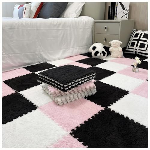 9 Stück Ineinander Greifende Plüsch-Teppichfliesen for Schlafzimmer, Quadratischer 30 X 30 cm Schaumstoff-Puzzle-Teppich, Spielmatte for Den Bodenbelag Aus Eva-Schaum(White+pink+Black) von NMVAWIPT