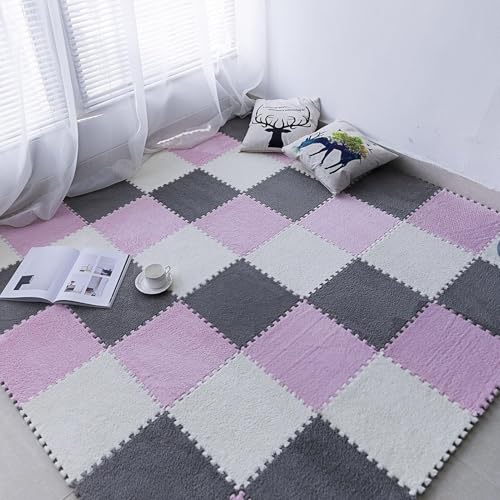 9-teilige Ineinander Greifende Bodenmatte Mit Kanten, 30 X 30 X 1 cm Dicke Quadratische Schaumstofffliesen, Puzzle-Spielmatte Aus Plüschschaum(White+Gray+Purple) von NMVAWIPT