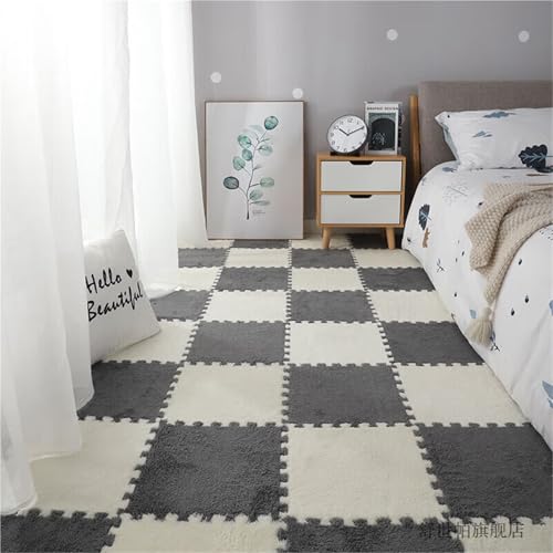 Kids Room Tiled Puzzle Play Mats, 12 X 12 X 0.4 Inch, Fluffy Eva Foam Mats, Living Room Area Rugs with Border, Interlocking Carpet for Home Playroom(Gray+White,56PCS) von NMVAWIPT