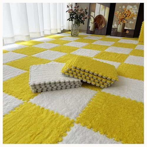 NMVAWIPT 40 Stück 12x12 Zoll Plüsch Puzzle Quadratisch Schaumstoff Bodenmatte, Puzzle-Teppichmatten, Shaggy Ineinander Greifend Schaumstoff-Teppichfliesen Für Den Boden(White+Yellow) von NMVAWIPT