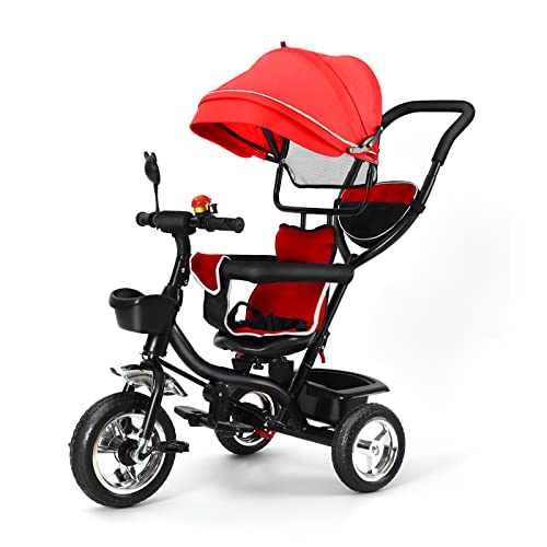 Multifunktionales Baby-Dreirad, Dreirad für Kinder, mit Schiebestange, Kinderfahrrad mit Pedalen, Sonnenschirm (rot) von NNANCYI