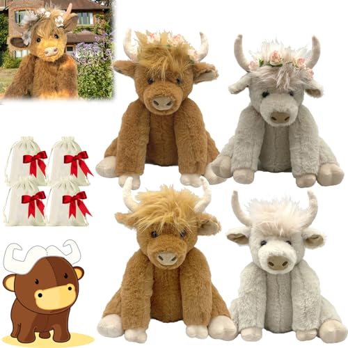 NNBWLMAEE Scottish Handmade Highland Cattle, Highland Cow Stuffed Animal, Realistic Scottish Cow Plush Toy, Scottish Highland Cow Plush, Highland Cow Decor, Gifts for Adults Boys Girls (4pcs) von NNBWLMAEE