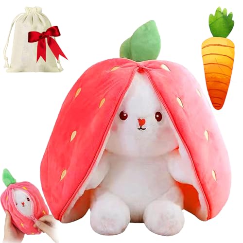 Strawberry Bunny Transformed Into Little Rabbit, Strawberry and Carrot Reversible Bunny Plush, Easter Rabbit Toys with Zipper, Cute Bunny Plushie Birthday Gift for Boys Girls (Strawberry,10IN) von NNBWLMAEE