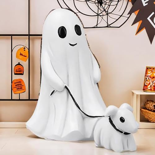 Geister-Gassi-Hundestatue, Halloween-Geisterhundestatue, Gruselige Geister-Gassi-Hundefigur als Deko, Geist geht mit seinem Geisterhund spazieren, Lustige Halloween-Geisterdekoration for drinnen und d von NNCSNE