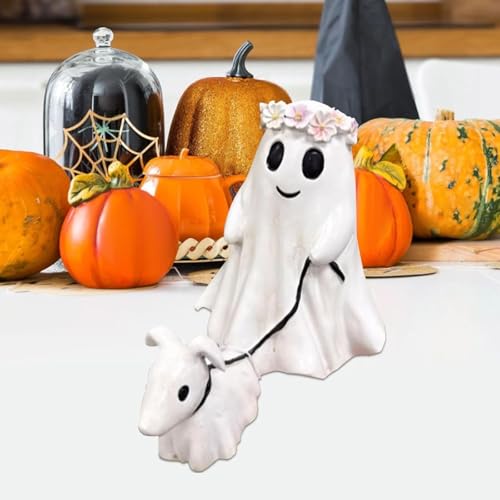 NNCSNE Geister-Gassi-Hundestatue, Halloween-Geisterhundestatuen, Gruselige Geisterhund-Halloweenfigur, Geist Geht Mit Seinem Geisterhund Spazieren, Halloween-Geisterdekor for Drinnen Und Draußen von NNCSNE