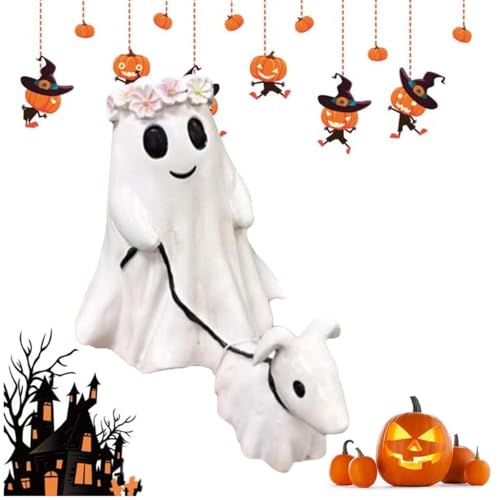 NNCSNE Halloween-Statue eines gehenden Geisteshundes, EIN gehender Geist mit seinem Geisterhund, Halloween-Geisterhund, Statuen, gruselige Geisterhund-Halloween-Figur, Tischdekoration for Zuhause von NNCSNE