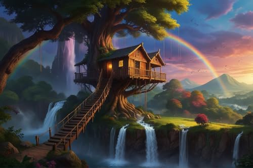 Erwachsenen Puzzle 1000 Teile Klassisches Puzzle Aus Holz Baumhäuser, Holzleitern Und Wasserfälle Unter Dem Regenbogen Das Entfesselt Kreativität Home Decor Artwork Kreative Spiele Sammlung Geschenke von NNNGTAOCER