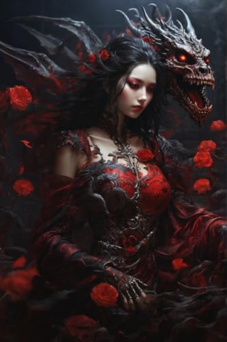 Erwachsener Puzzle 500 Teile Aus Holz Puzzle Die Schöne Frau In Rot, Die Rose Und Der Drache Das Entfesselt Kreativität Home Decor Artwork Kreative Spiele Sammlung Geschenke von NNNGTAOCER