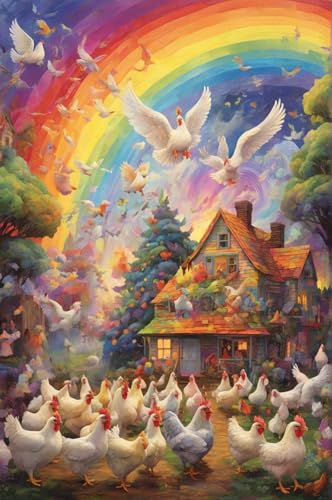 Erwachsener Puzzle 500 Teile Aus Holz Puzzle Eine Herde Weißer Hühner Unter Einem Regenbogen-Holzhaus Das Entfesselt Kreativität Home Decor Artwork Kreative Spiele Sammlung Geschenke von NNNGTAOCER