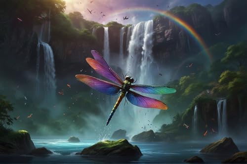 Erwachsener Puzzle 500 Teile Aus Holz Puzzle Libellen Fliegen Unter Dem Regenbogen des Wasserfalls Das Entfesselt Kreativität Home Decor Artwork Kreative Spiele Sammlung Geschenke von NNNGTAOCER