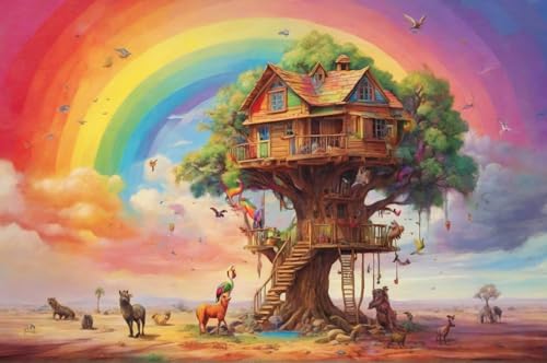 Erwachsener Puzzle 500 Teile Aus Holz Puzzle Tiere Unter Dem Regenbogen-Baumhaus Das Entfesselt Kreativität Home Decor Artwork Kreative Spiele Sammlung Geschenke von NNNGTAOCER