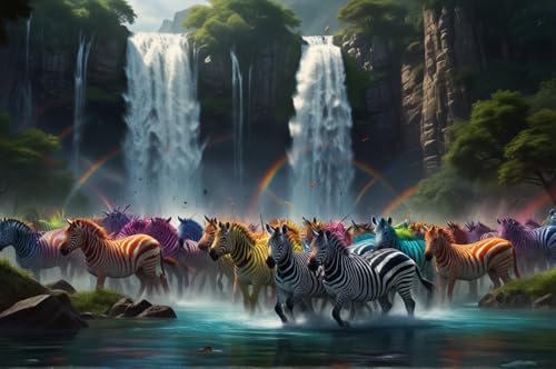 Erwachsener Puzzle 500 Teile Aus Holz Puzzle Zebra Läuft Unter Einem Regenbogen-Wasserfall Das Entfesselt Kreativität Home Decor Artwork Kreative Spiele Sammlung Geschenke von NNNGTAOCER