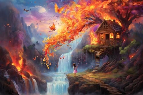 Puzzle 1500 Teile Puzzles Für Hölzern Erwachsene DIY 3D Brennendes Holzhaus Und Kleines Mädchen Am Wasserfall Das Entfesselt Kreativität Home Decor Artwork Kreative Spiele Sammlung Geschenke von NNNGTAOCER