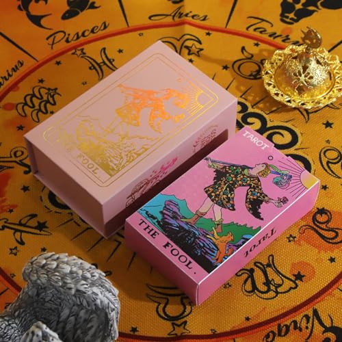 NNNYDJY Schillernde Neue Goldfolien-Tarotkarten Laser Pink Predictive Divination Deck PVC-Brettspiele für Anfänger und Sammler Gold Foil Tarot von NNNYDJY