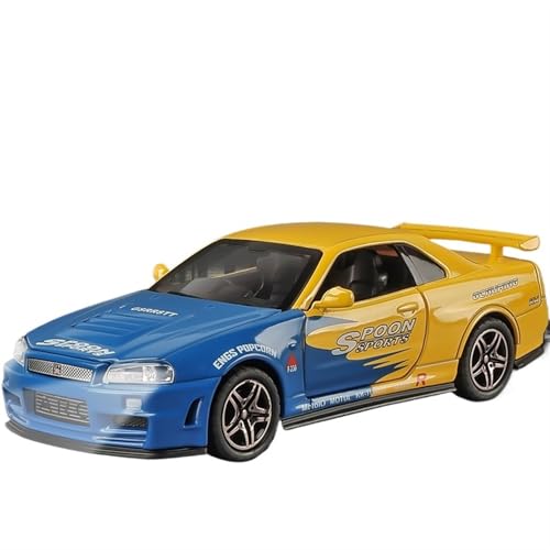 NNYIMJ for 1:32 Sportwagen GTR34 Legierung Auto Druckguss Modell Sound & Licht Spielzeug Auto Sammler Ornament(Blue Yellow) von NNYIMJ