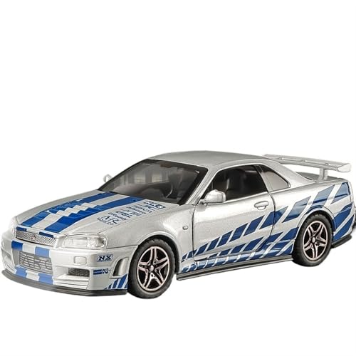 NNYIMJ for 1:32 Sportwagen GTR34 Legierung Auto Druckguss Modell Sound & Licht Spielzeug Auto Sammler Ornament(Silver) von NNYIMJ