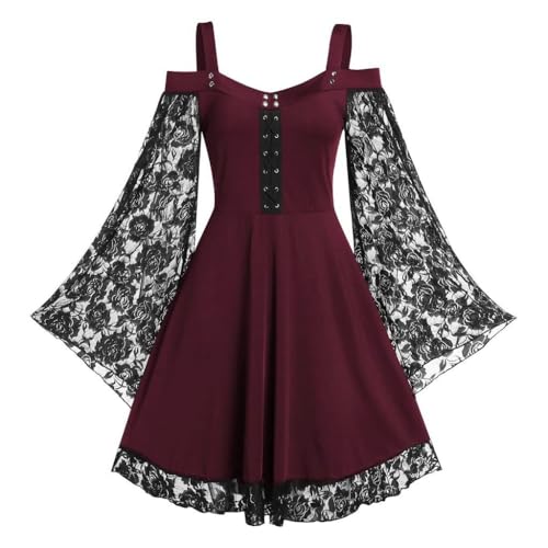 NOAFUNZO Damen Mittelalter Kostüm Kleid Cosplay Kleid Renaissance Vintage Kleid Spitze Patchwork Flare Ärmel Kleid Weihnachten Halloween Kostüm (Burgund, 3XL) von NOAFUNZO