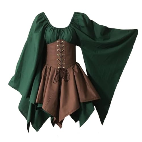 NOAFUNZO Damen Renaissance Mittelalter Vintage Kurzes Kleid für Mittelalter Kostüm Viktorianisches Kleid Halloween Cosplay Party (Grün + Braun, M) von NOAFUNZO