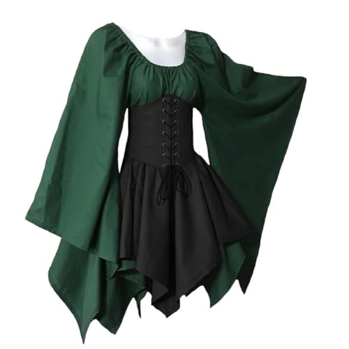 NOAFUNZO Damen Renaissance Mittelalter Vintage Kurzes Kleid für Mittelalter Kostüm Viktorianisches Kleid Halloween Cosplay Party (Grün + Schwarz, 4XL) von NOAFUNZO