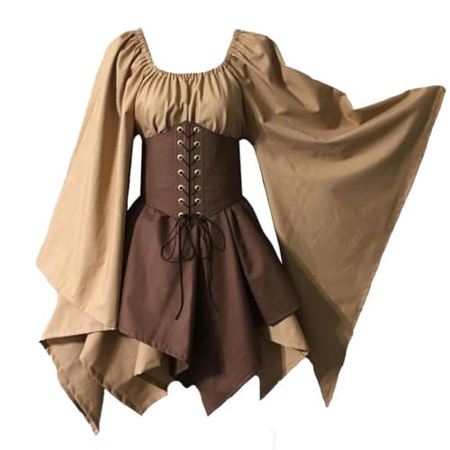 NOAFUNZO Damen Renaissance Mittelalter Vintage Kurzes Kleid für Mittelalter Kostüm Viktorianisches Kleid Halloween Cosplay Party (Khaki + Braun, 2XL) von NOAFUNZO