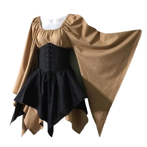 NOAFUNZO Damen Renaissance Mittelalter Vintage Kurzes Kleid für Mittelalter Kostüm Viktorianisches Kleid Halloween Cosplay Party (Khaki + Schwarz, M) von NOAFUNZO