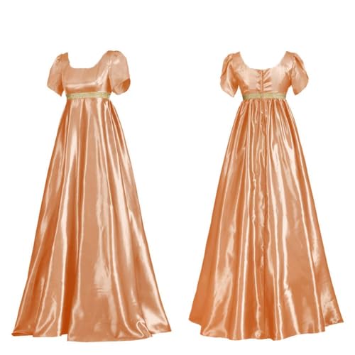 NOAFUNZO Damen Retro Mittelalter Kleid Satin Regency Kleid Schärpe Viktorianisches Langes Kleid Halloween Party Cosplay Kostüm Abendkleid (Orange, L) von NOAFUNZO