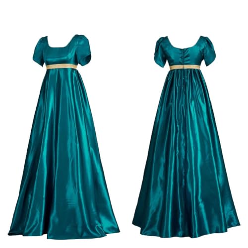 NOAFUNZO Damen Retro Mittelalter Kleid Satin Regency Kleid Schärpe Viktorianisches Langes Kleid Halloween Party Cosplay Kostüm Abendkleid (Pfauenblau, M) von NOAFUNZO