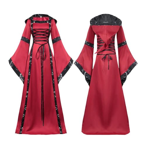 NOAFUNZO Damenkleid Renaissance Kostüm Vintage Stil Solid Oversize Kapuzenkleid (Rot, XXL) von NOAFUNZO