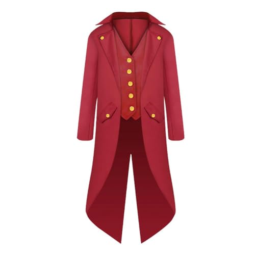 NOAFUNZO Herren Gothic Steampunk Trench Mittelalter Vintage Frack Jacke, Männlich Viktorianische Renaissance Langer Smoking Mantel Bühnenauftritt Kostüm (Rot, 3XL) von NOAFUNZO