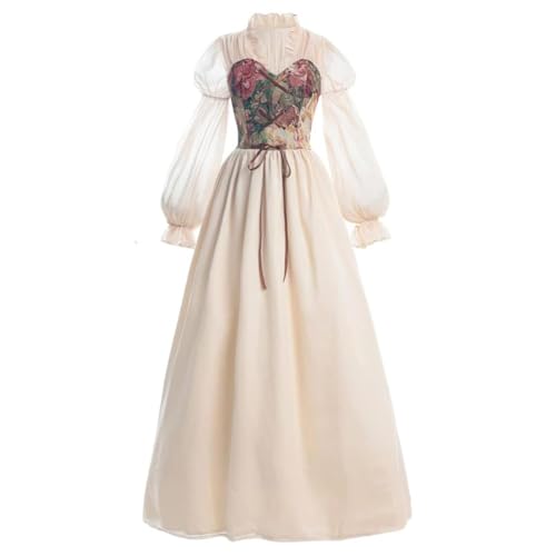 NOAFUNZO Mittelalter viktorianischer Hofstil Floral Korsett Langes Kleid Renaissance Ballkleider Blasenärmel Prinzessin Kleid Verstellbare Taille Aprikose (Aprikose, S) von NOAFUNZO