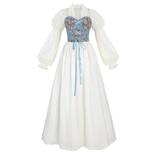 NOAFUNZO Mittelalter viktorianischer Hofstil Floral Korsett Langes Kleid Renaissance Ballkleider Blasenärmel Prinzessin Kleid Verstellbare Taille Aprikose (Weiß, L) von NOAFUNZO