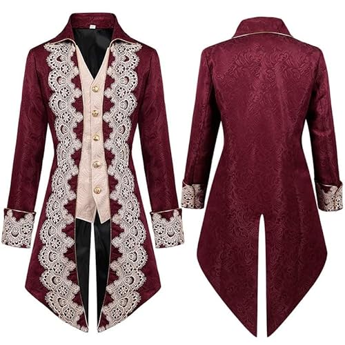 NOAFUNZO Mittelalterliche Steampunk-Jacke für Herren, Spitze, bestickt, Gothic, viktorianischer Mantel, Uniform, Smoking (Rot, Größe 3XL) von NOAFUNZO