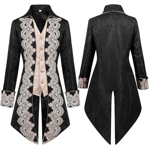 NOAFUNZO Mittelalterliche Steampunk-Jacke für Herren, Spitze, bestickt, Gothic, viktorianischer Mantel, Uniform, Smoking (Schwarz, L) von NOAFUNZO